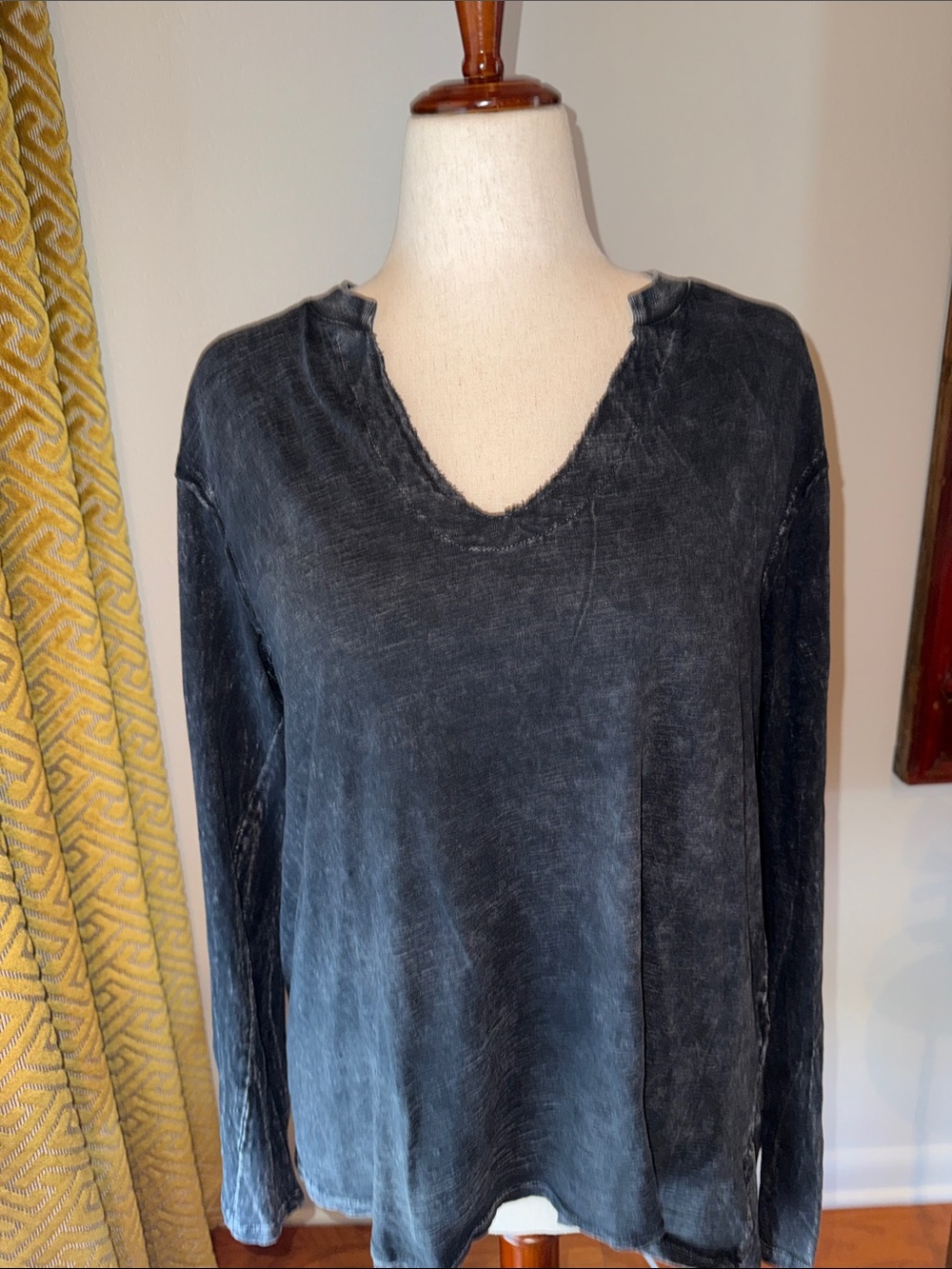 Washed Black V-Neck Long Sleeve Pullover Hoodie
